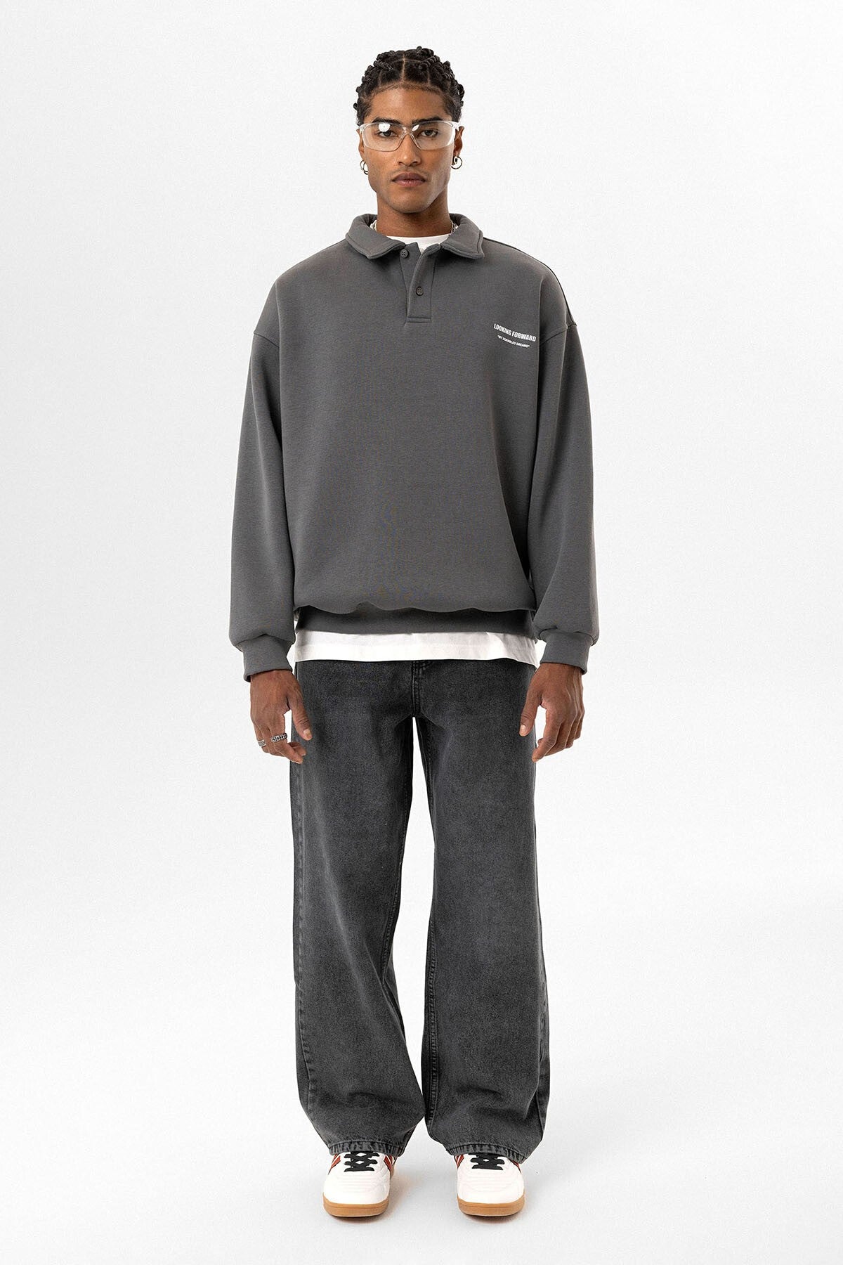 Oversized Printed Polo-Neck Sweatshirt