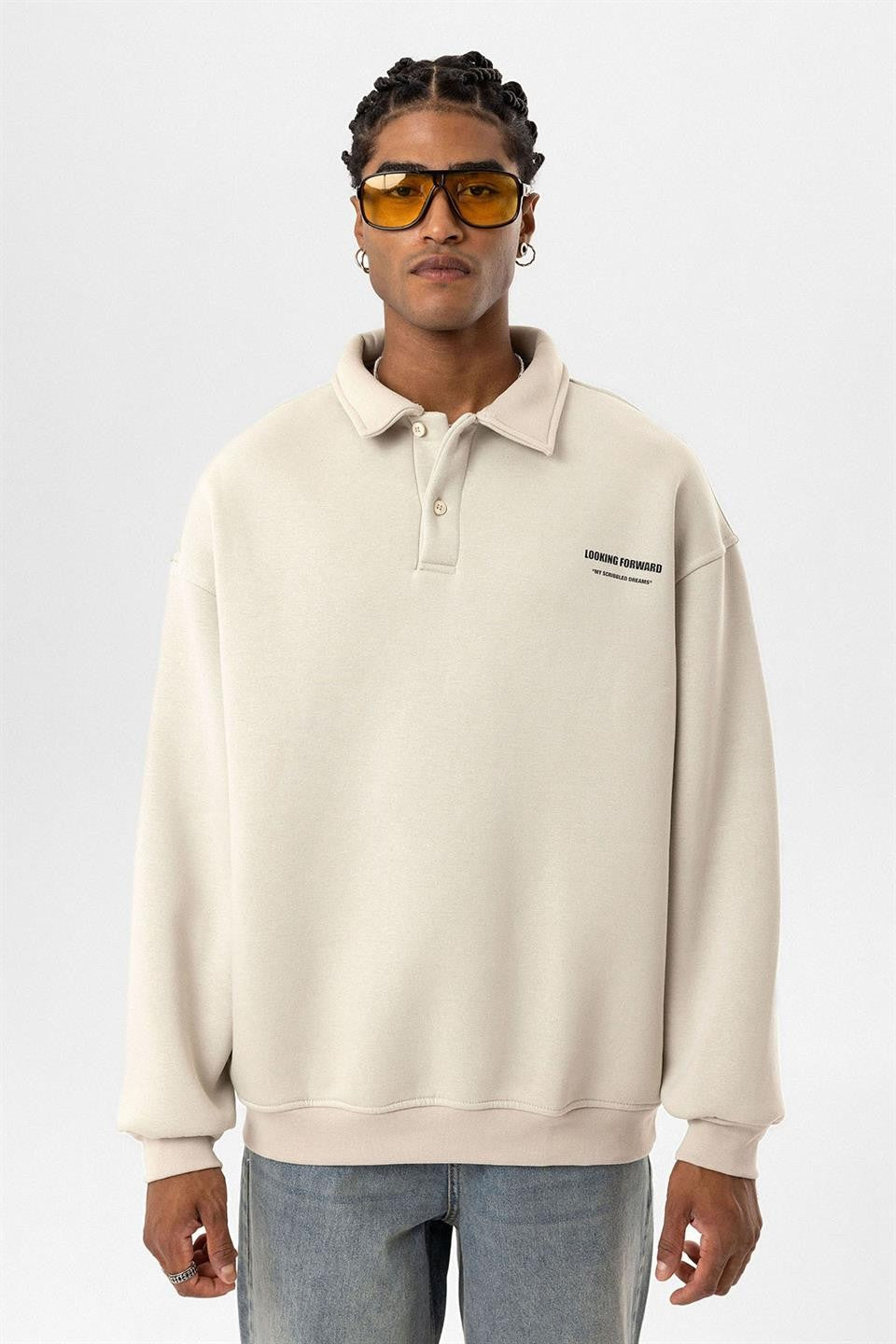 Oversized Printed Polo-Neck Sweatshirt