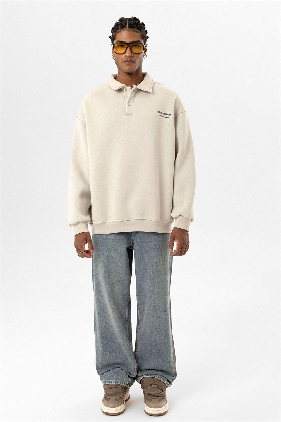 Oversized Printed Polo-Neck Sweatshirt
