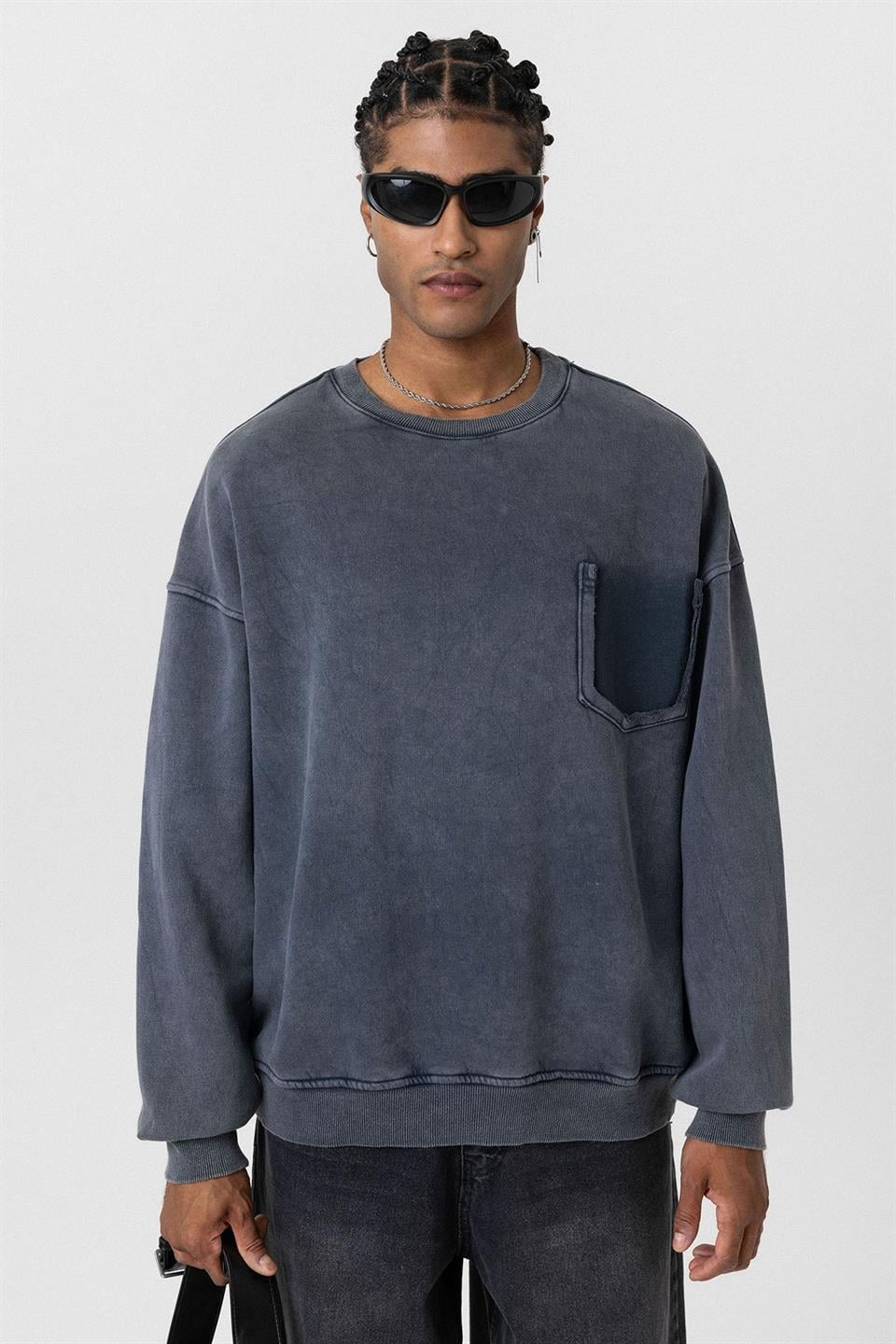 Oversized Sweatshirt with Washed Pocket Detail