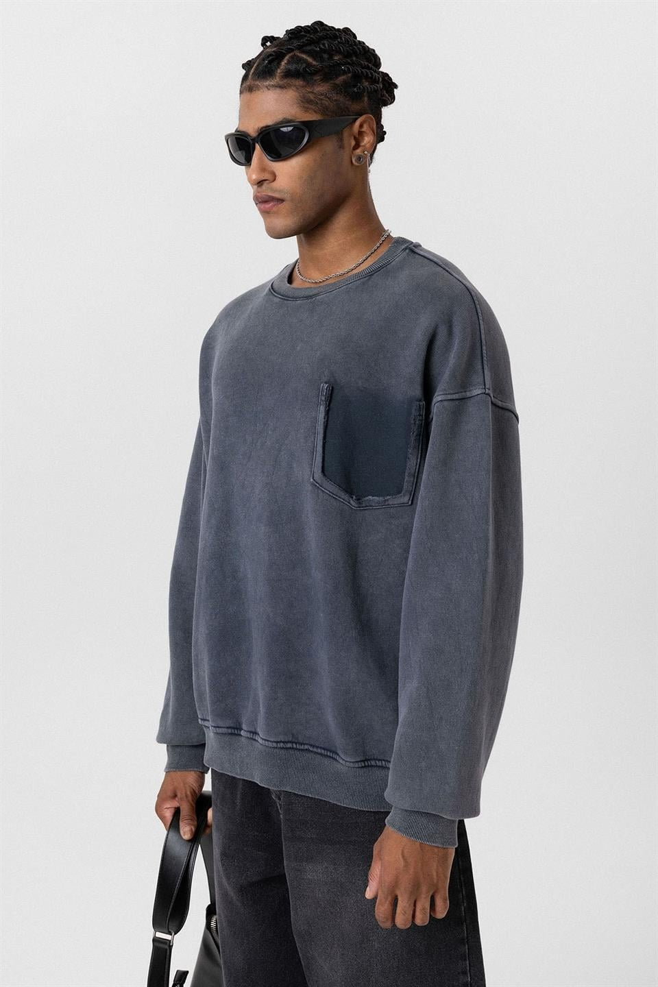 Oversized Sweatshirt with Washed Pocket Detail