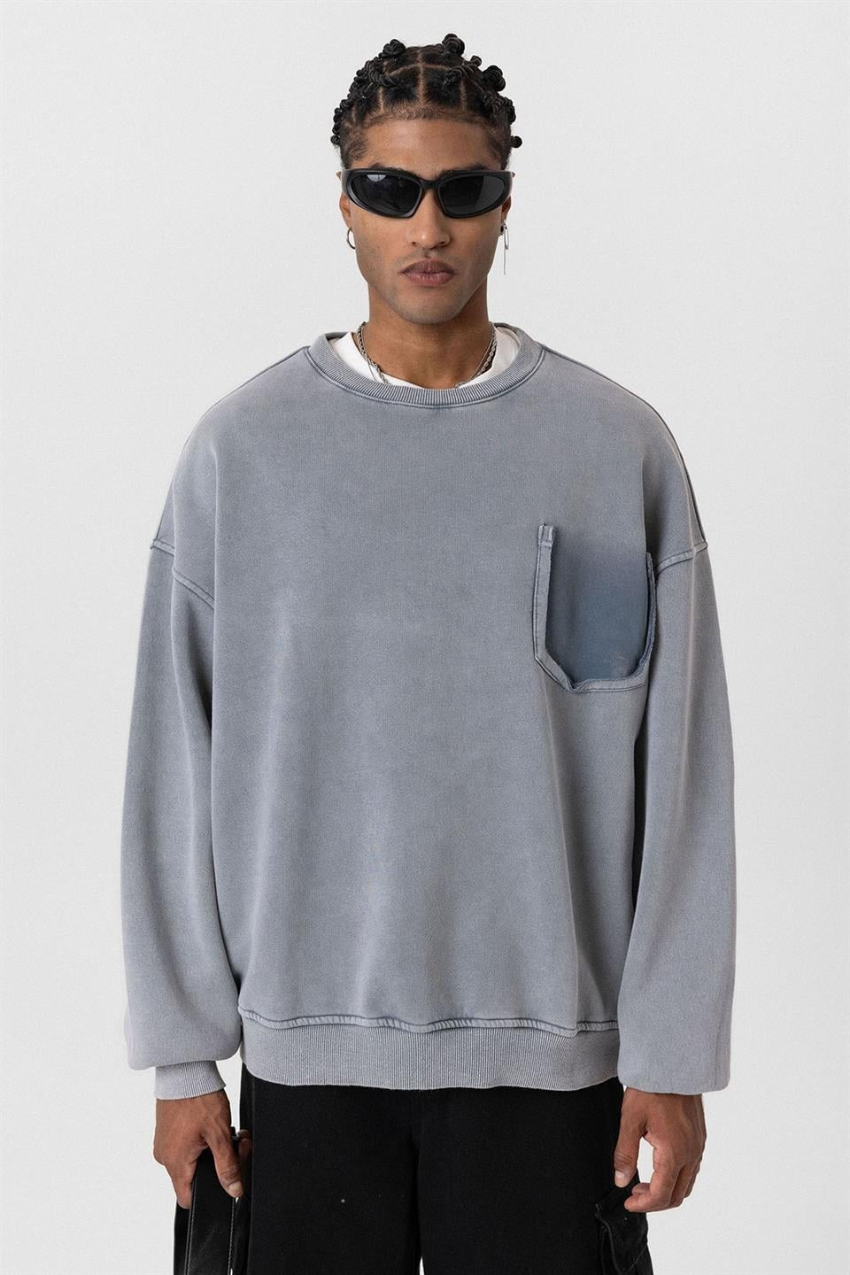 Oversized Sweatshirt with Washed Pocket Detail