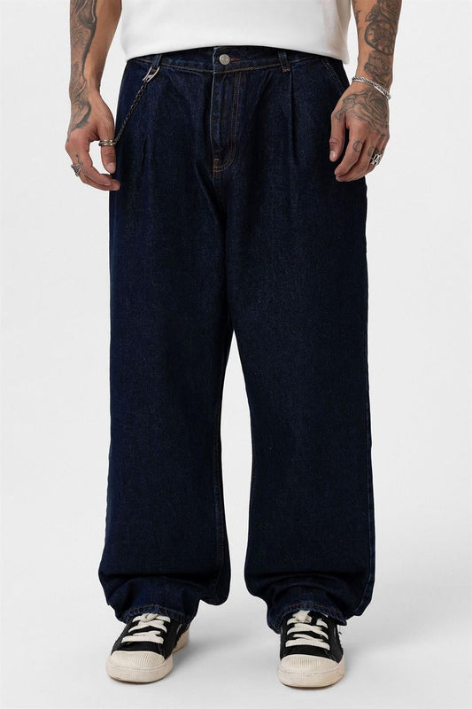 Pleated Baggy Jeans with Chain Accents