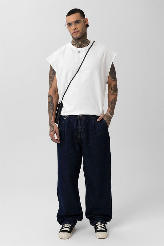 Pleated Baggy Jeans with Chain Accents