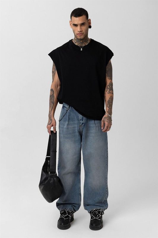 Pleated Baggy Jeans with Chain Accents