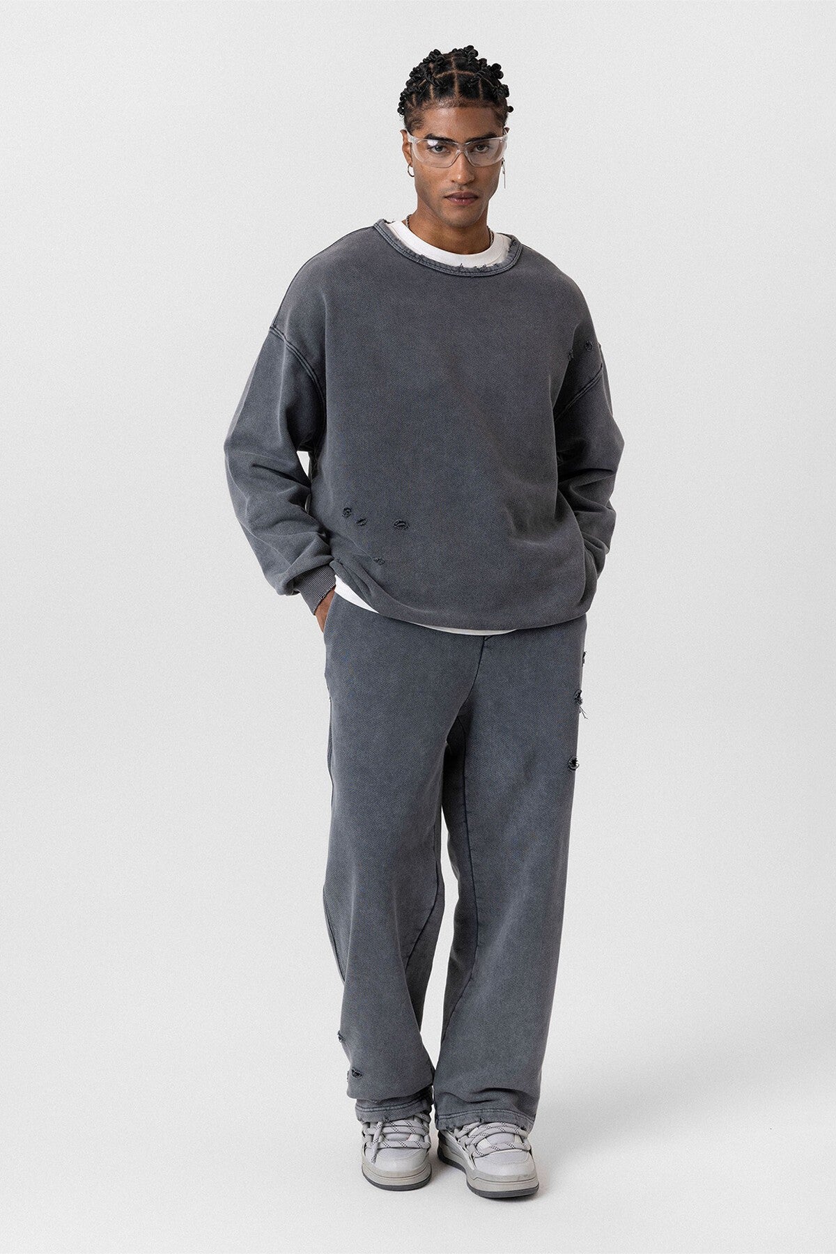 Premium Washed Oversized Sweatsuit Set with Ripped Details