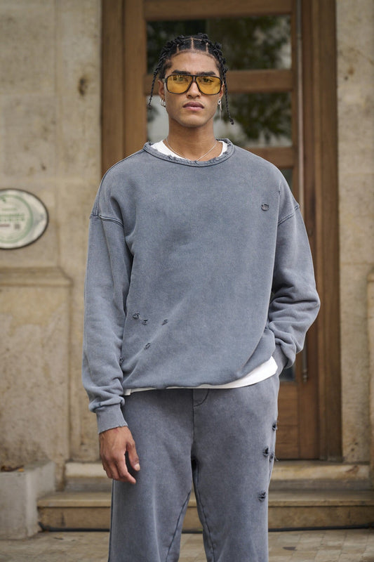 Premium Washed Oversized Sweatsuit Set with Ripped Details