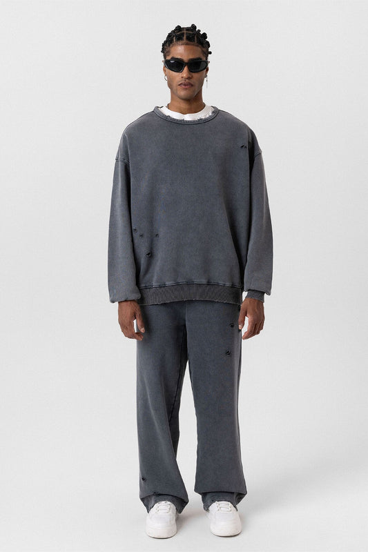 Premium Washed Oversized Sweatsuit Set with Ripped Details