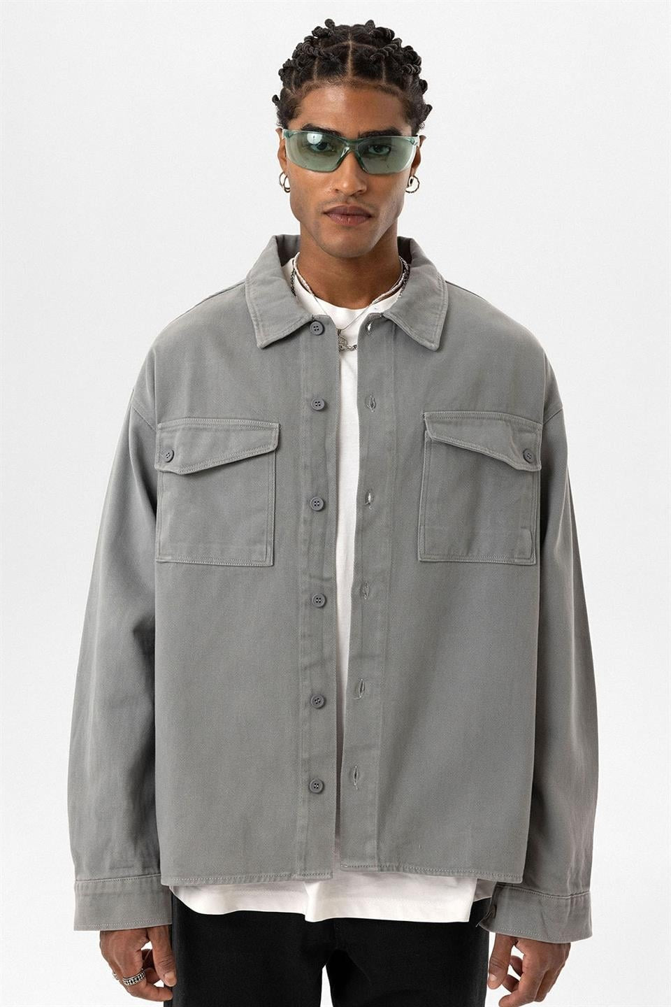 Oversized Denim Jacket with Double Pockets and Back Print