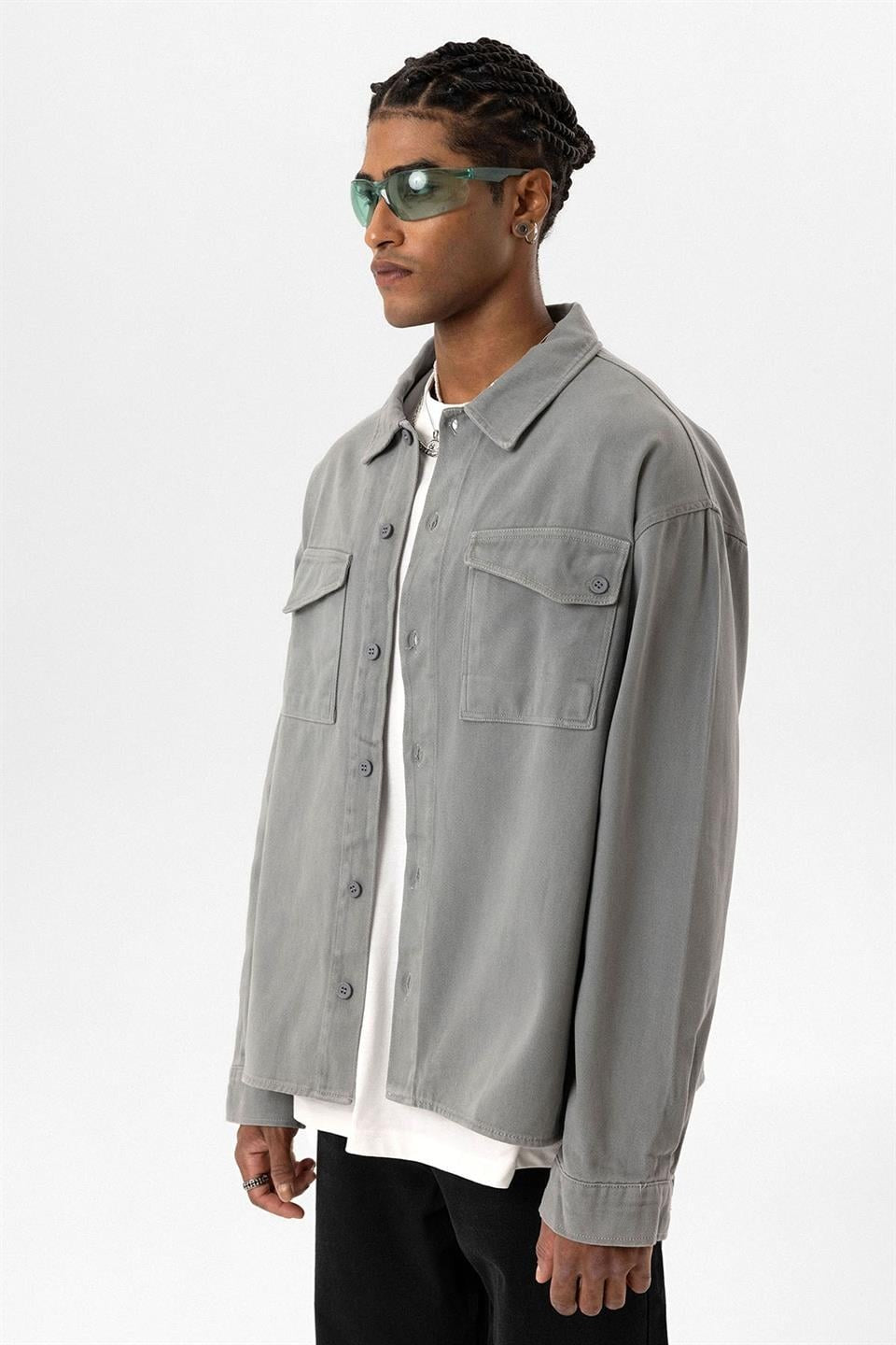 Oversized Denim Jacket with Double Pockets and Back Print