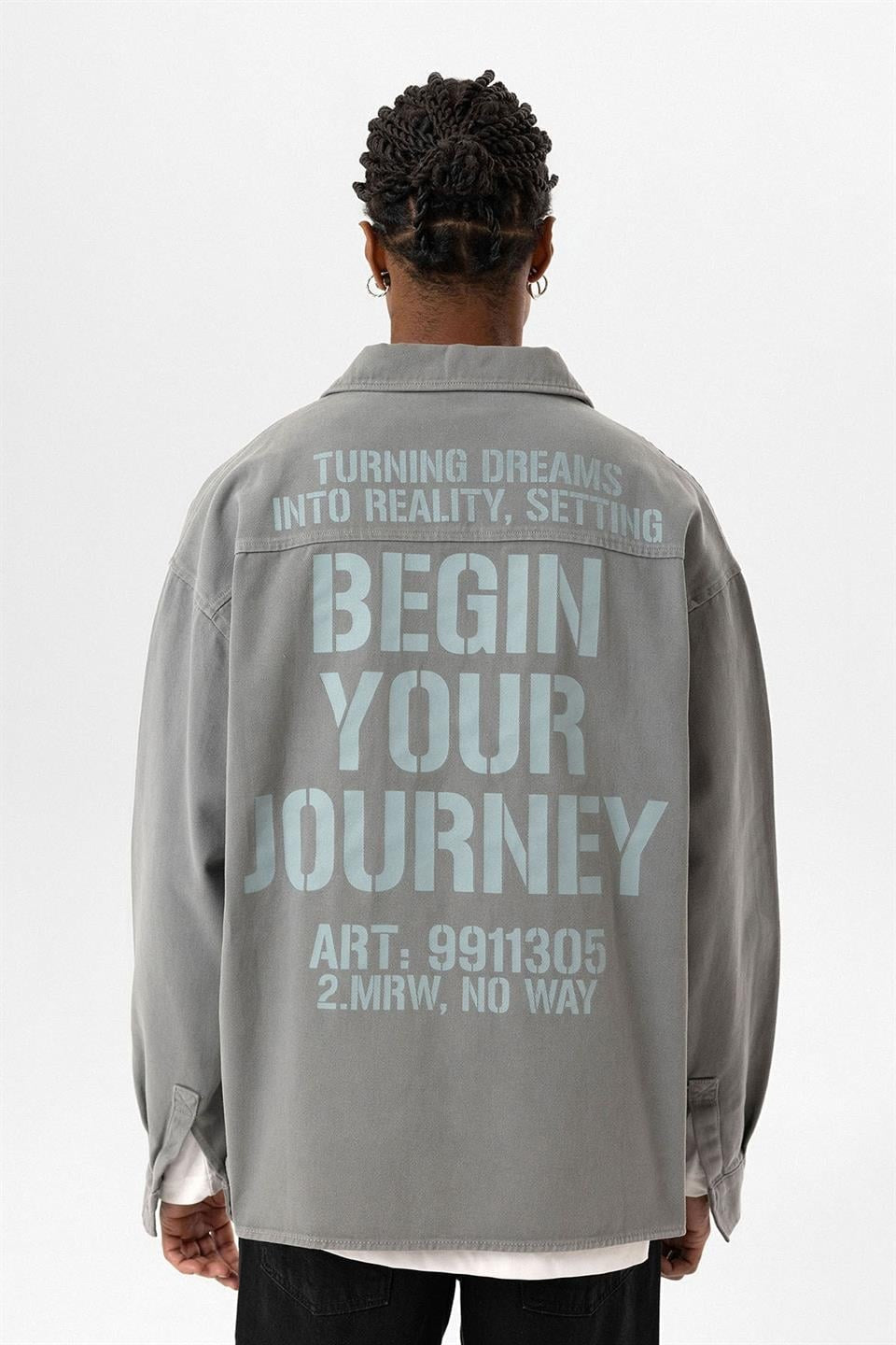 Oversized Denim Jacket with Double Pockets and Back Print