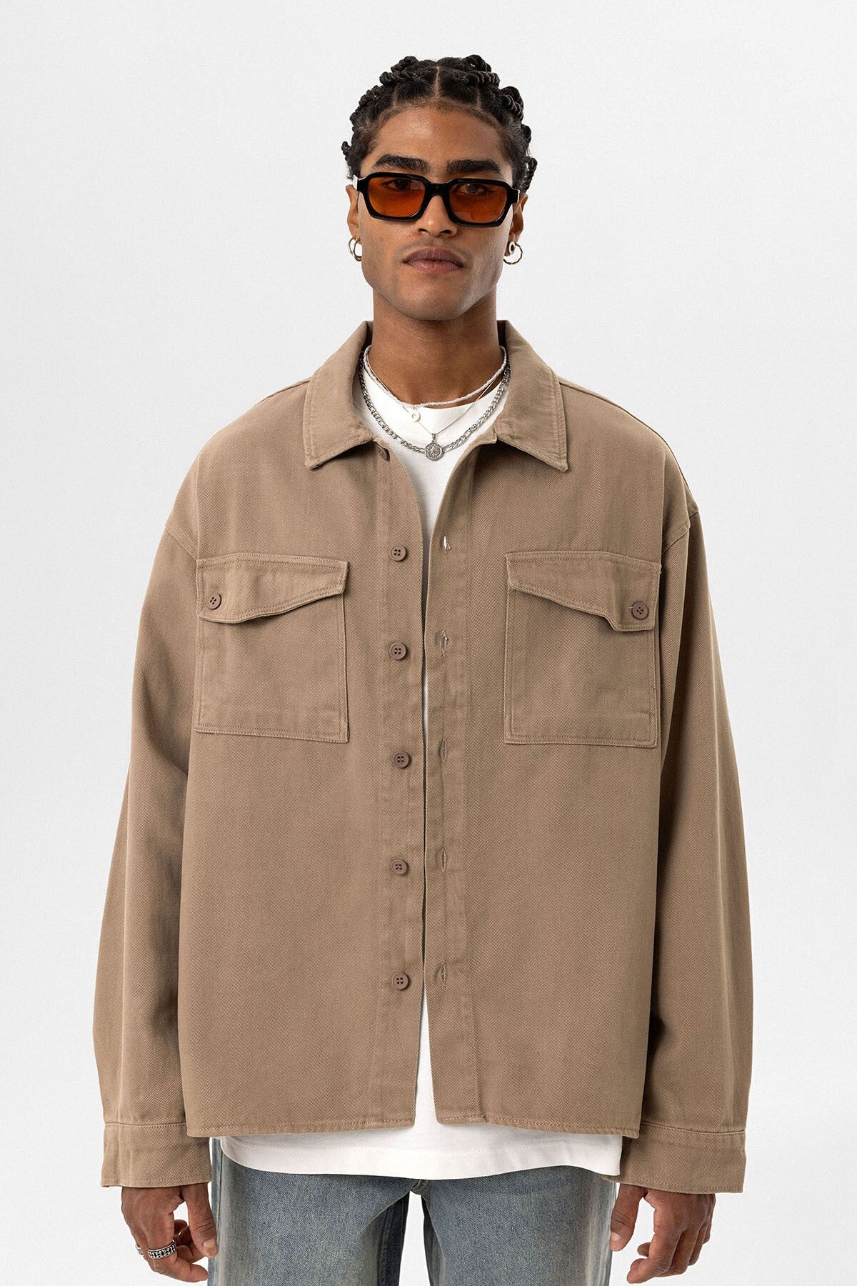 Oversized Denim Jacket with Double Pockets and Back Print