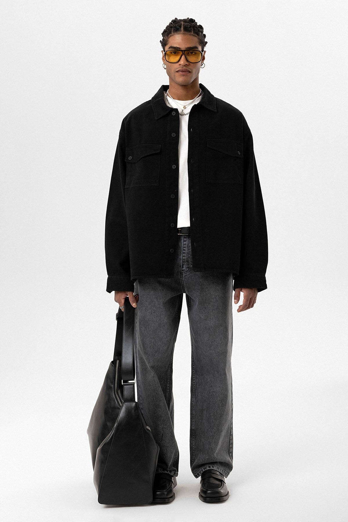 Oversized Denim Jacket with Double Pockets and Back Print