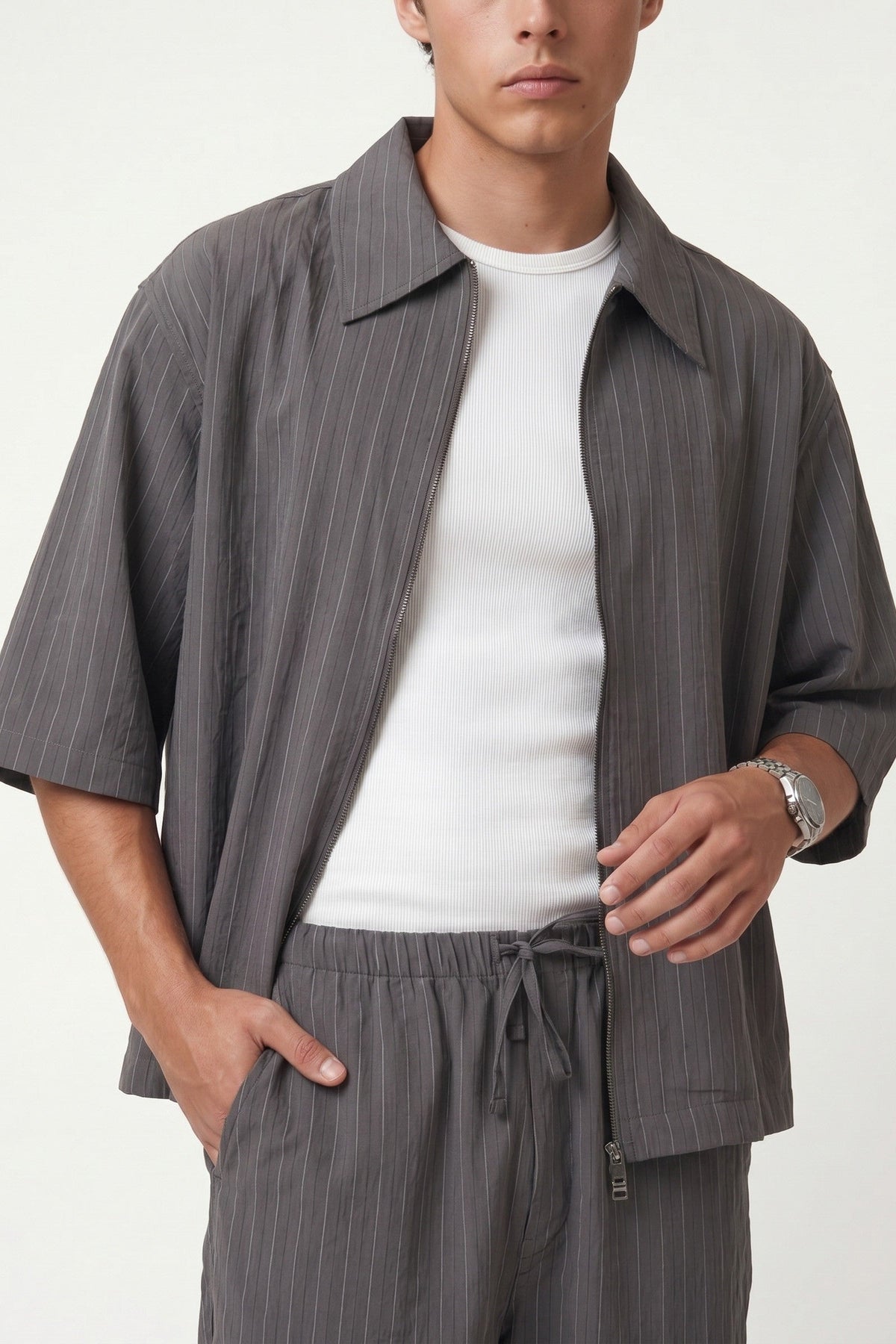Lyocell-Blend Striped Linen Shirt with a Zipper