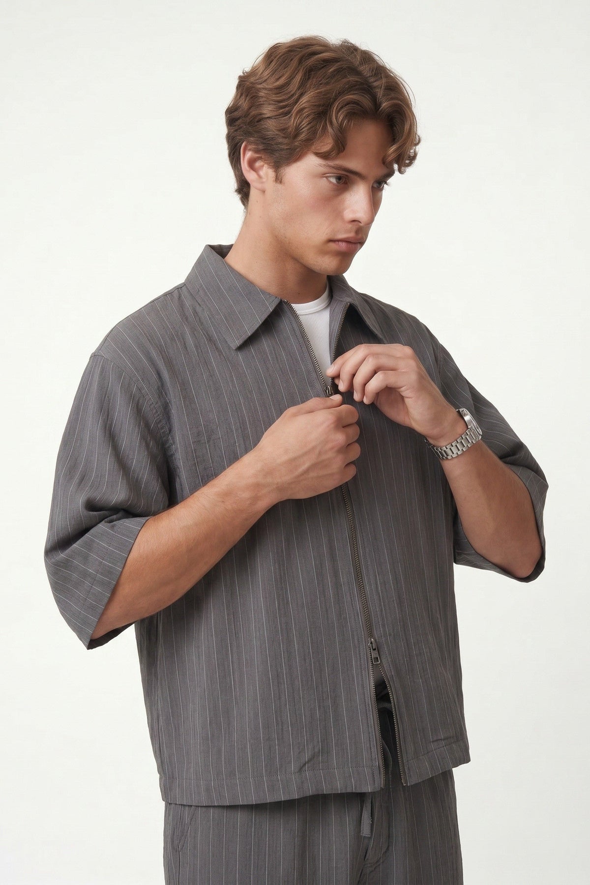 Lyocell-Blend Striped Linen Shirt with a Zipper