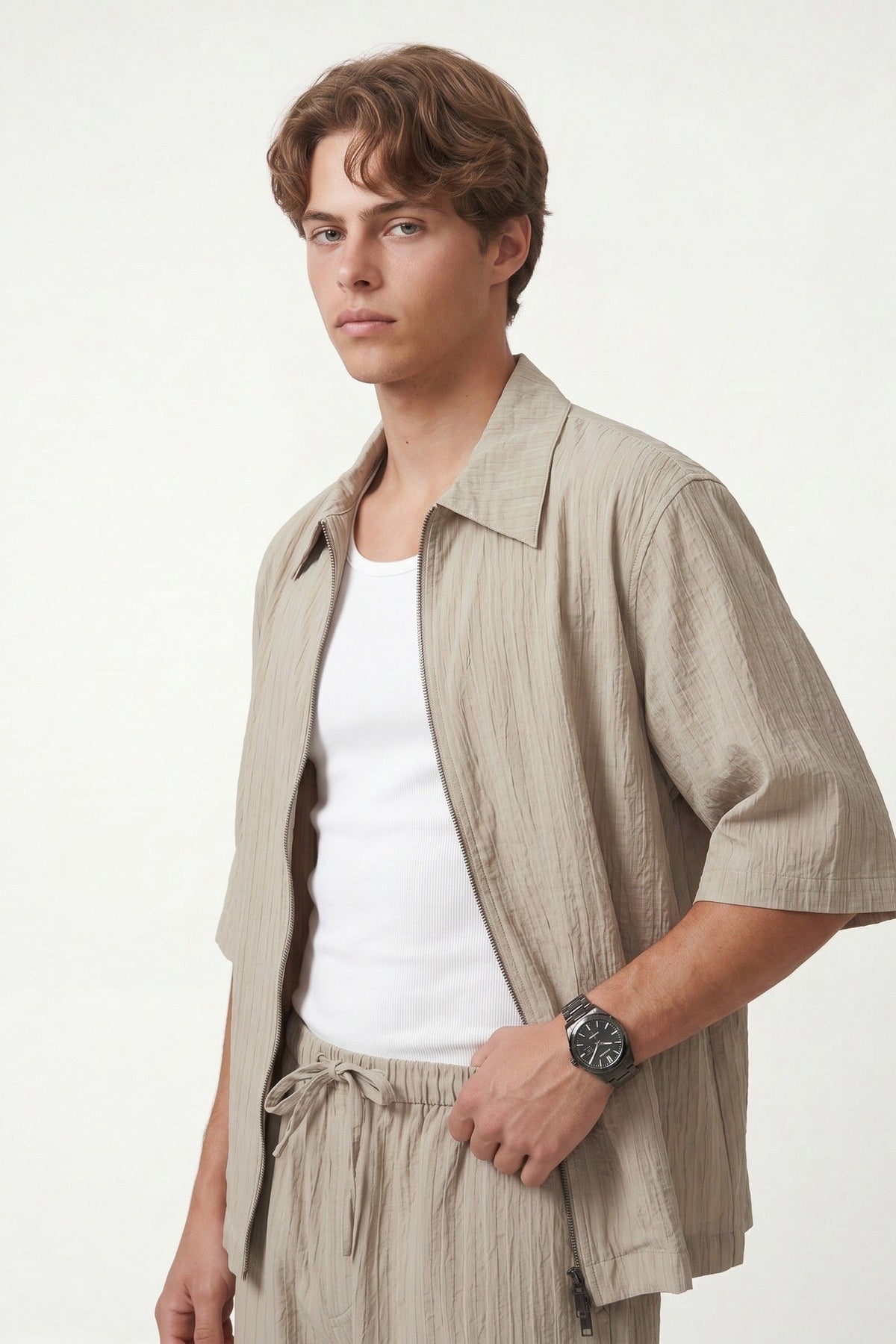 Lyocell-Blend Striped Linen Shirt with a Zipper