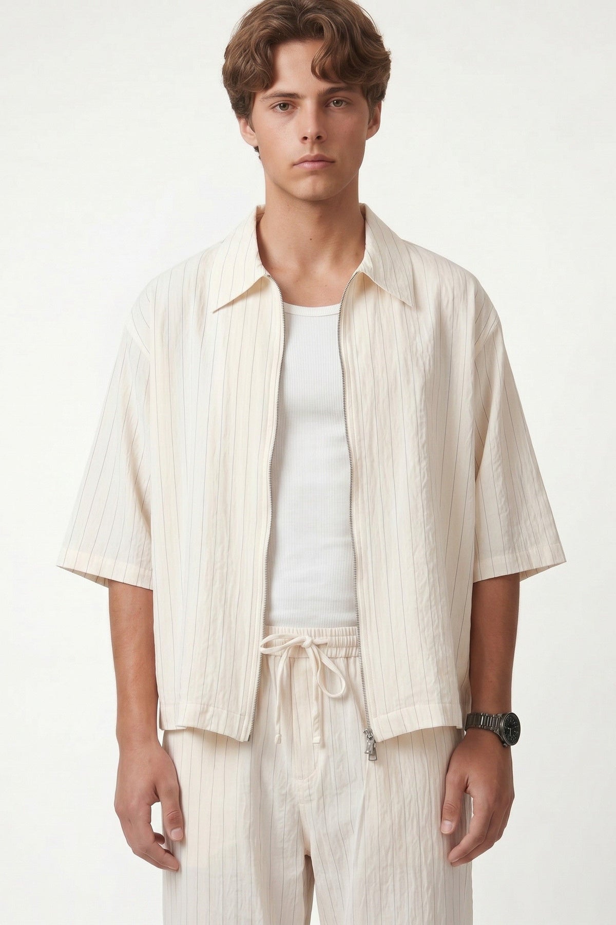 Lyocell-Blend Striped Linen Shirt with a Zipper