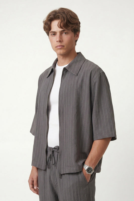 Lyocell-Blend Striped Linen Shirt with a Zipper
