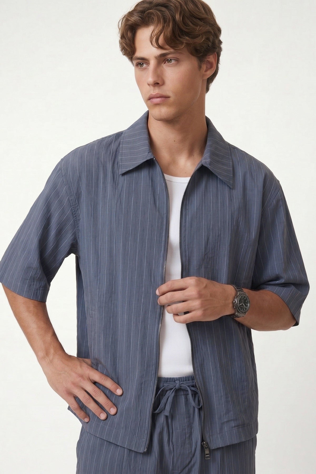 Lyocell-Blend Striped Linen Shirt with a Zipper