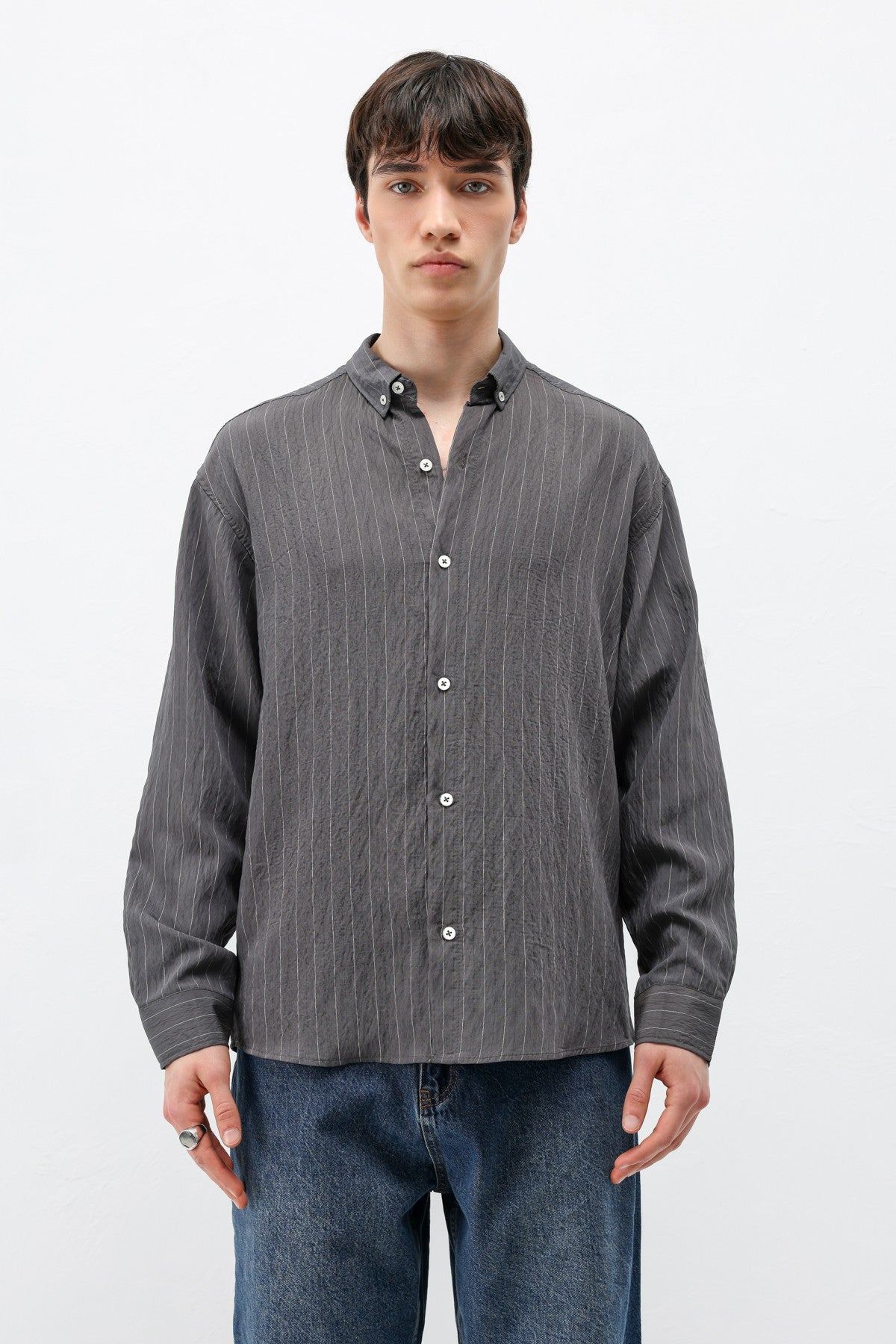 Oversized Shirt in Striped Lyocell Fabric