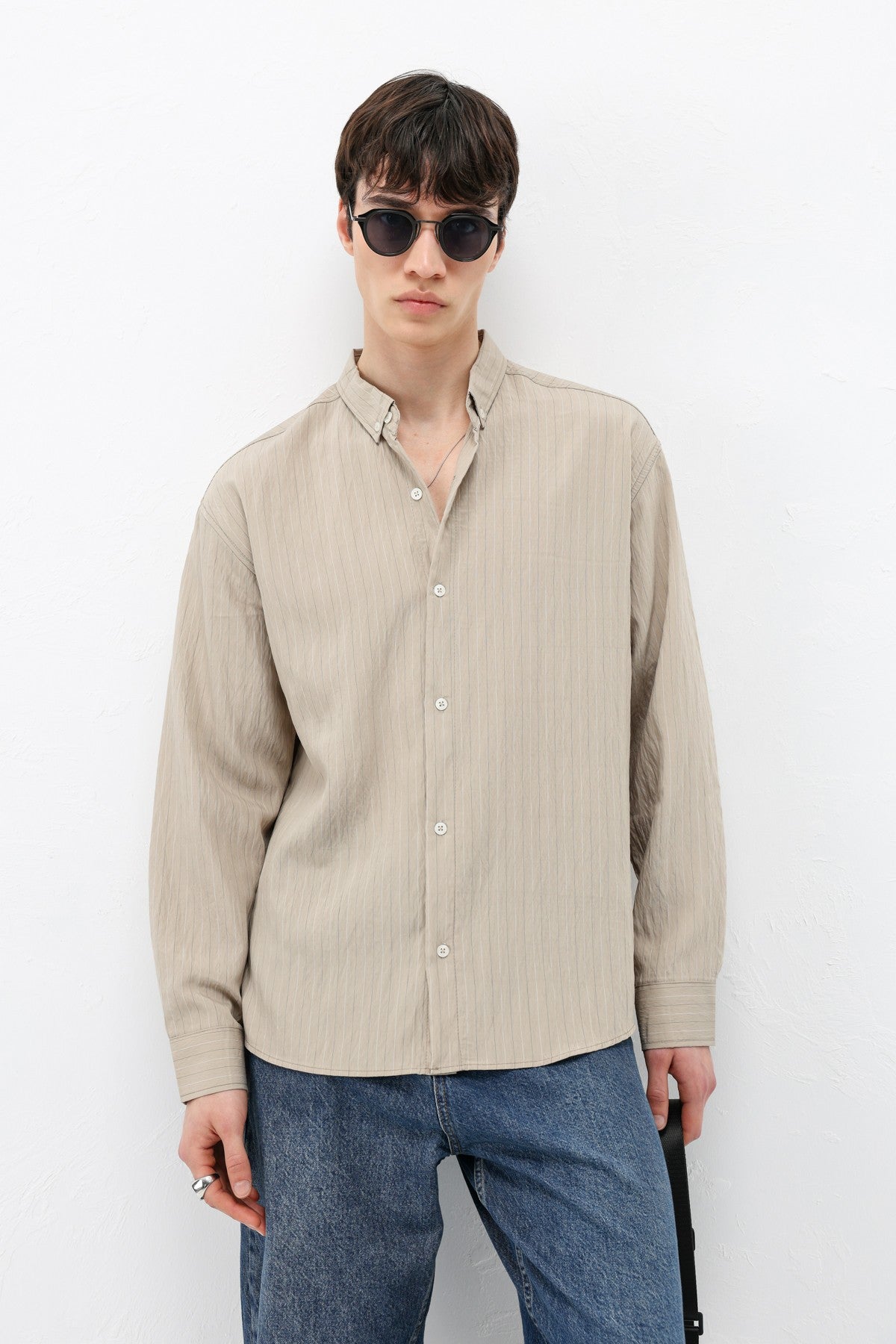 Oversized Shirt in Striped Lyocell Fabric