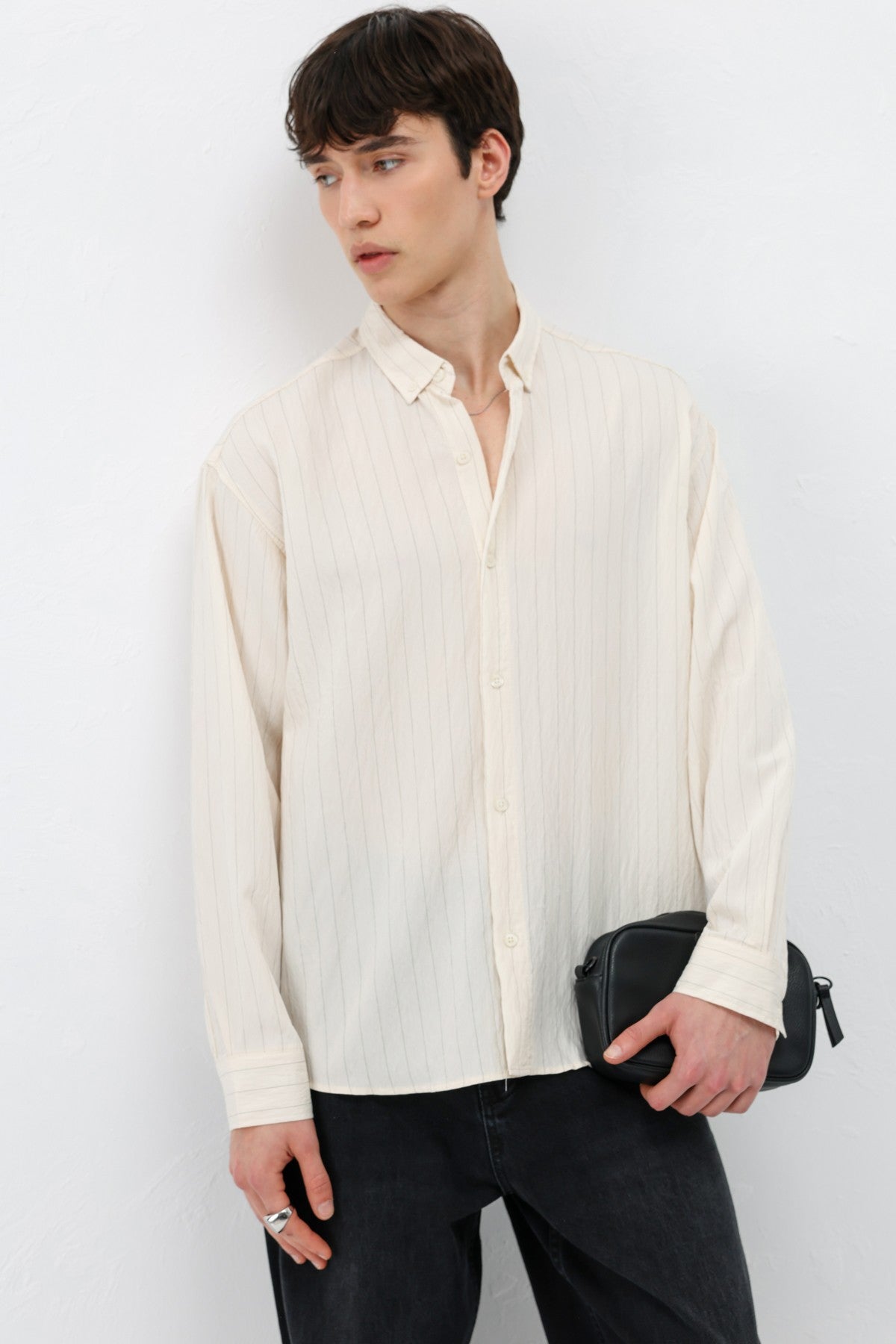 Oversized Shirt in Striped Lyocell Fabric
