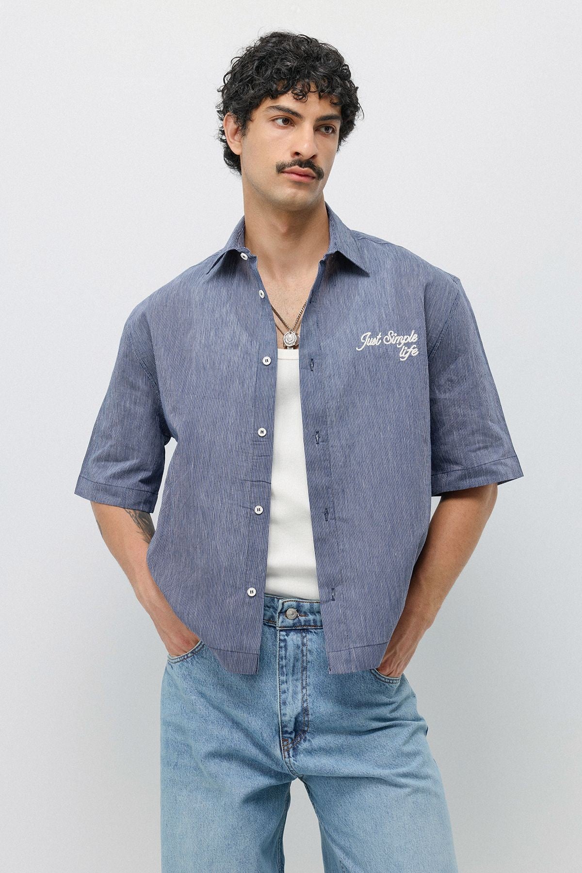 Embroidered Striped Box-Fit Shirt