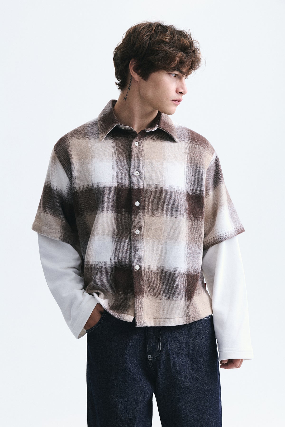 Boxy Fit Checkered Double-Sleeve Shirt