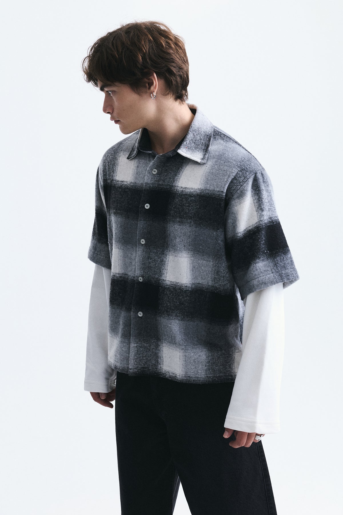Boxy Fit Checkered Double-Sleeve Shirt