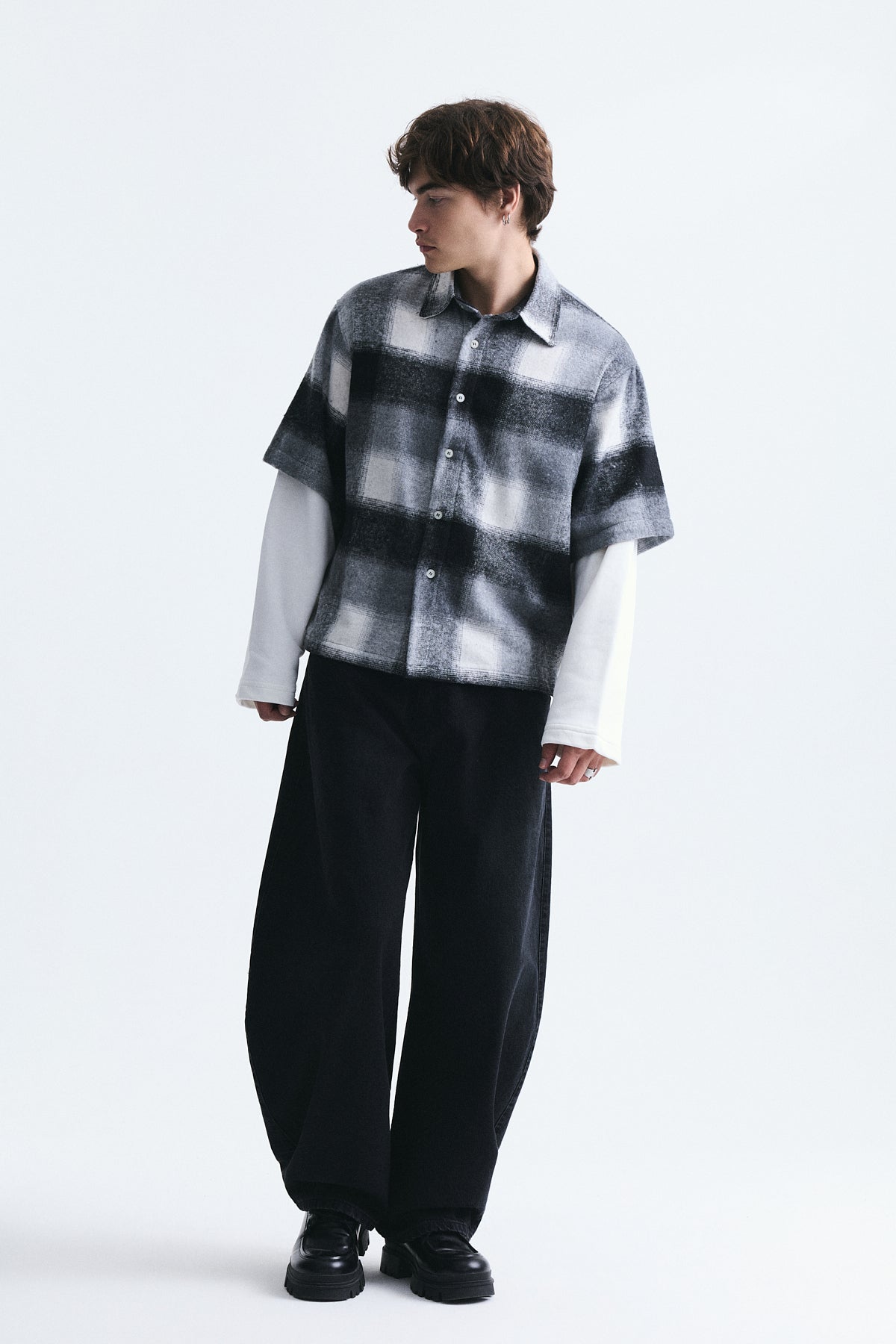 Boxy Fit Checkered Double-Sleeve Shirt