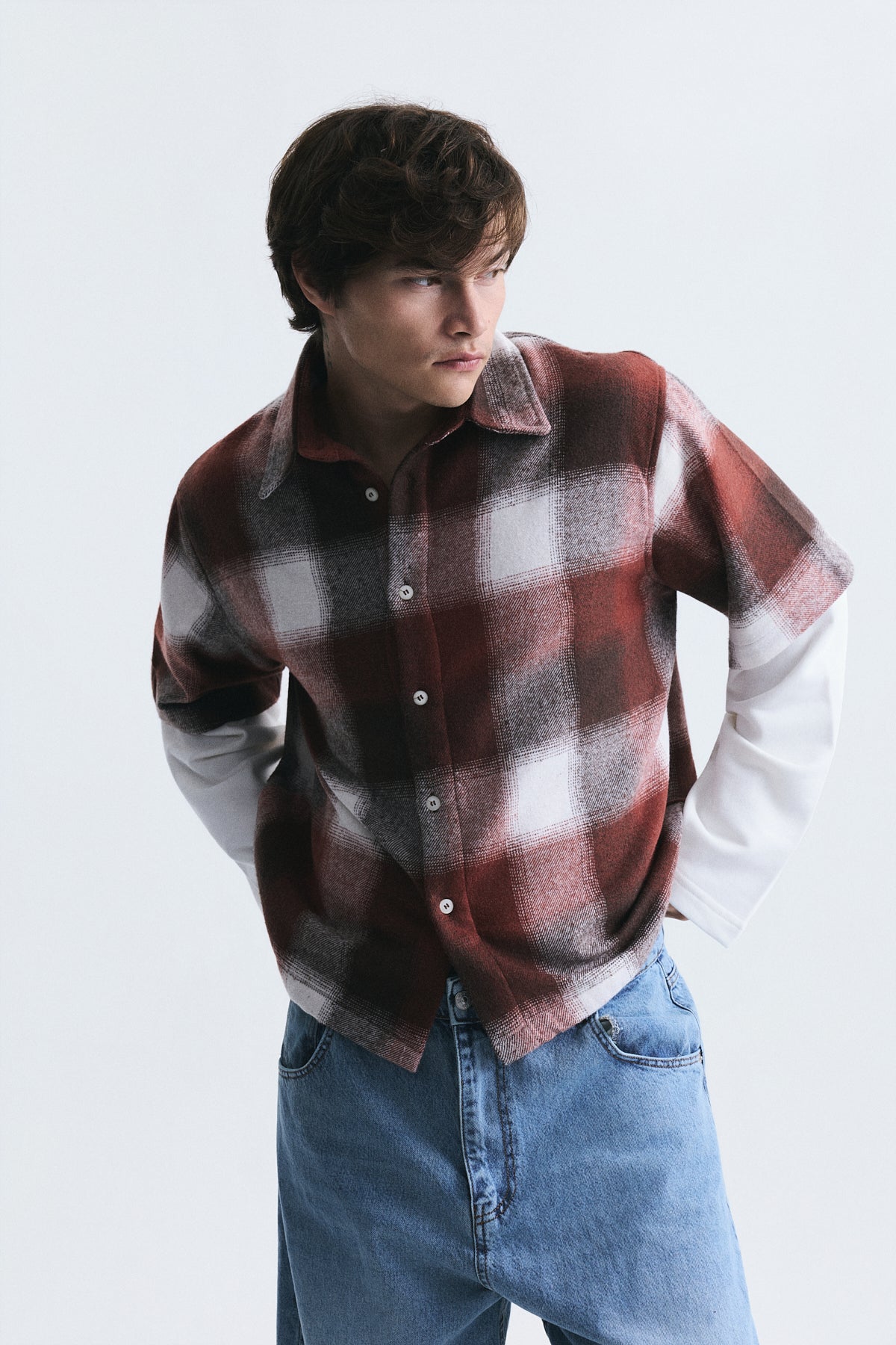 Boxy Fit Checkered Double-Sleeve Shirt