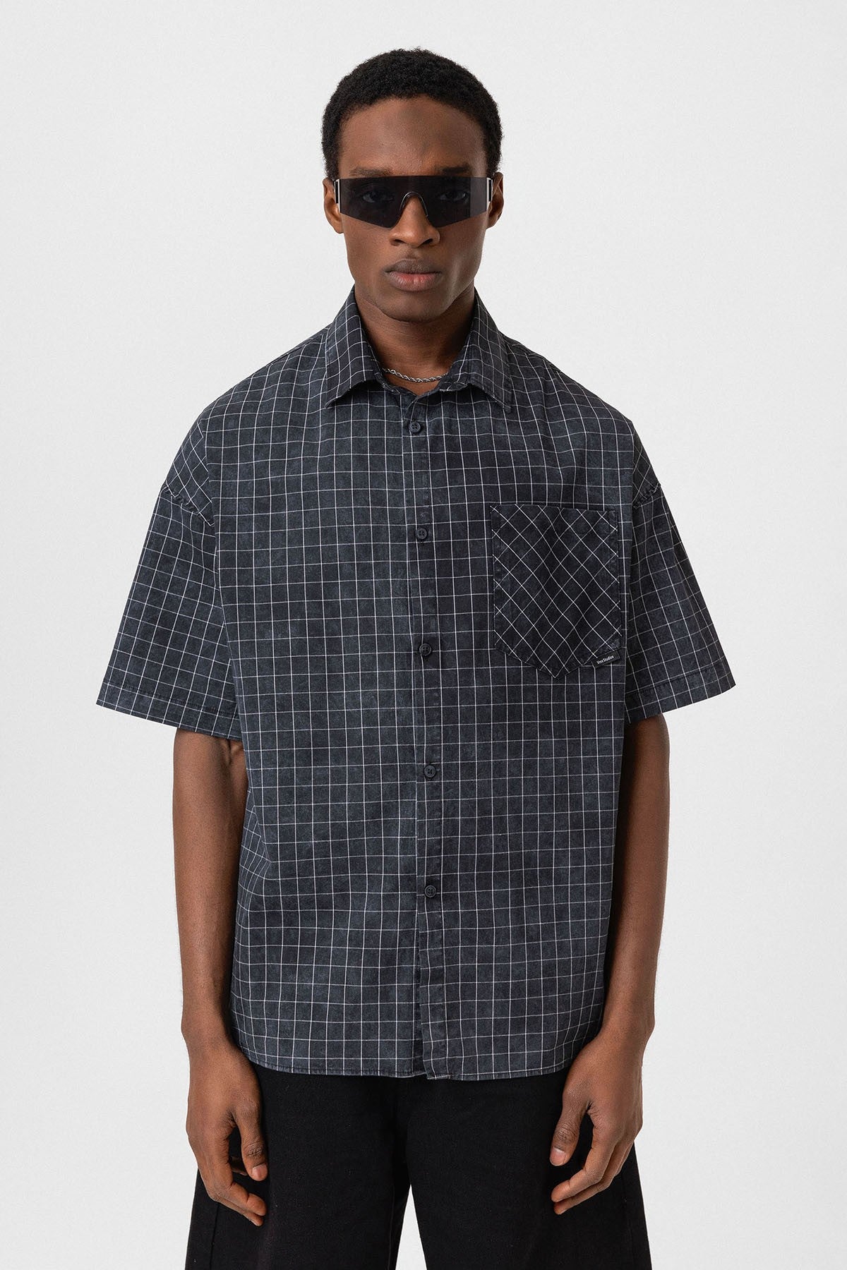Oversized Short-Sleeve Checkered Shirt with Pockets