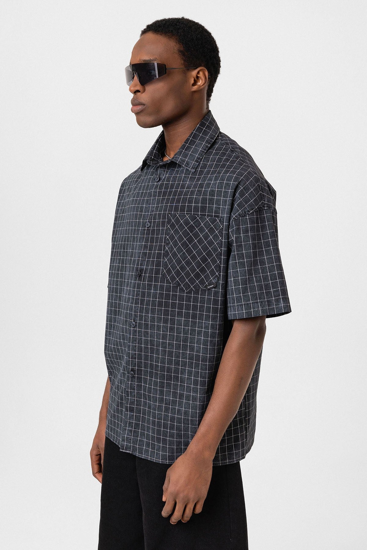 Oversized Short-Sleeve Checkered Shirt with Pockets