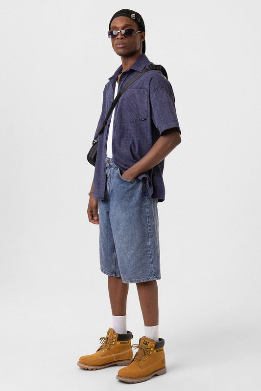 Oversized Short-Sleeve Checkered Shirt with Pockets