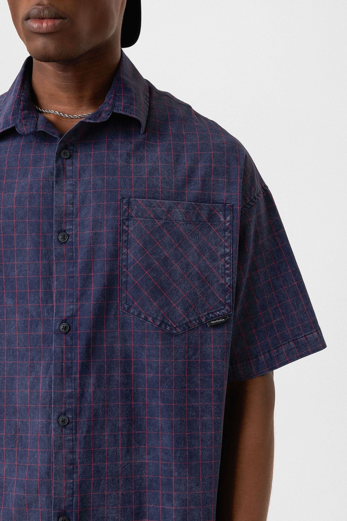 Oversized Short-Sleeve Checkered Shirt with Pockets