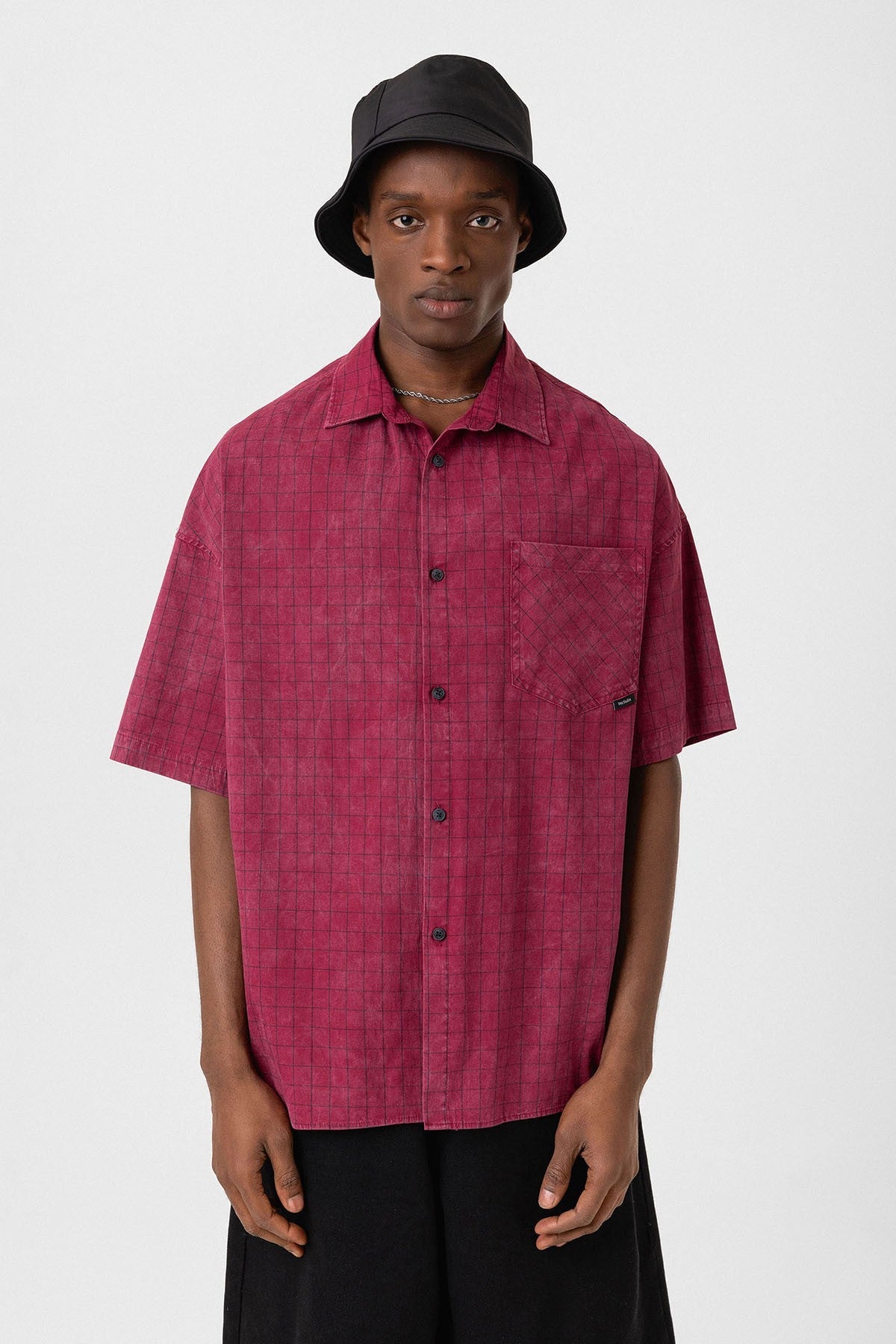 Oversized Short-Sleeve Checkered Shirt with Pockets