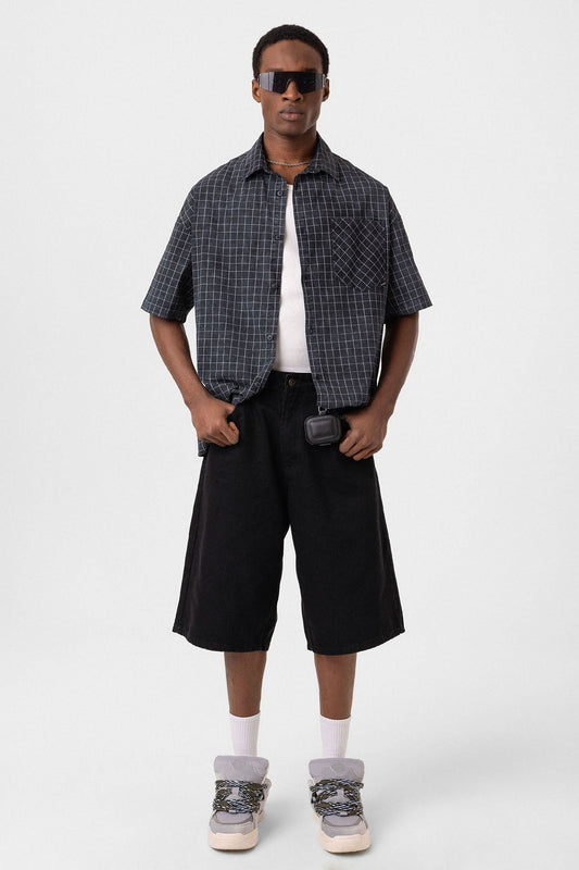 Oversized Short-Sleeve Checkered Shirt with Pockets