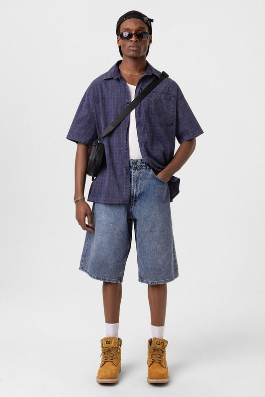 Oversized Short-Sleeve Checkered Shirt with Pockets