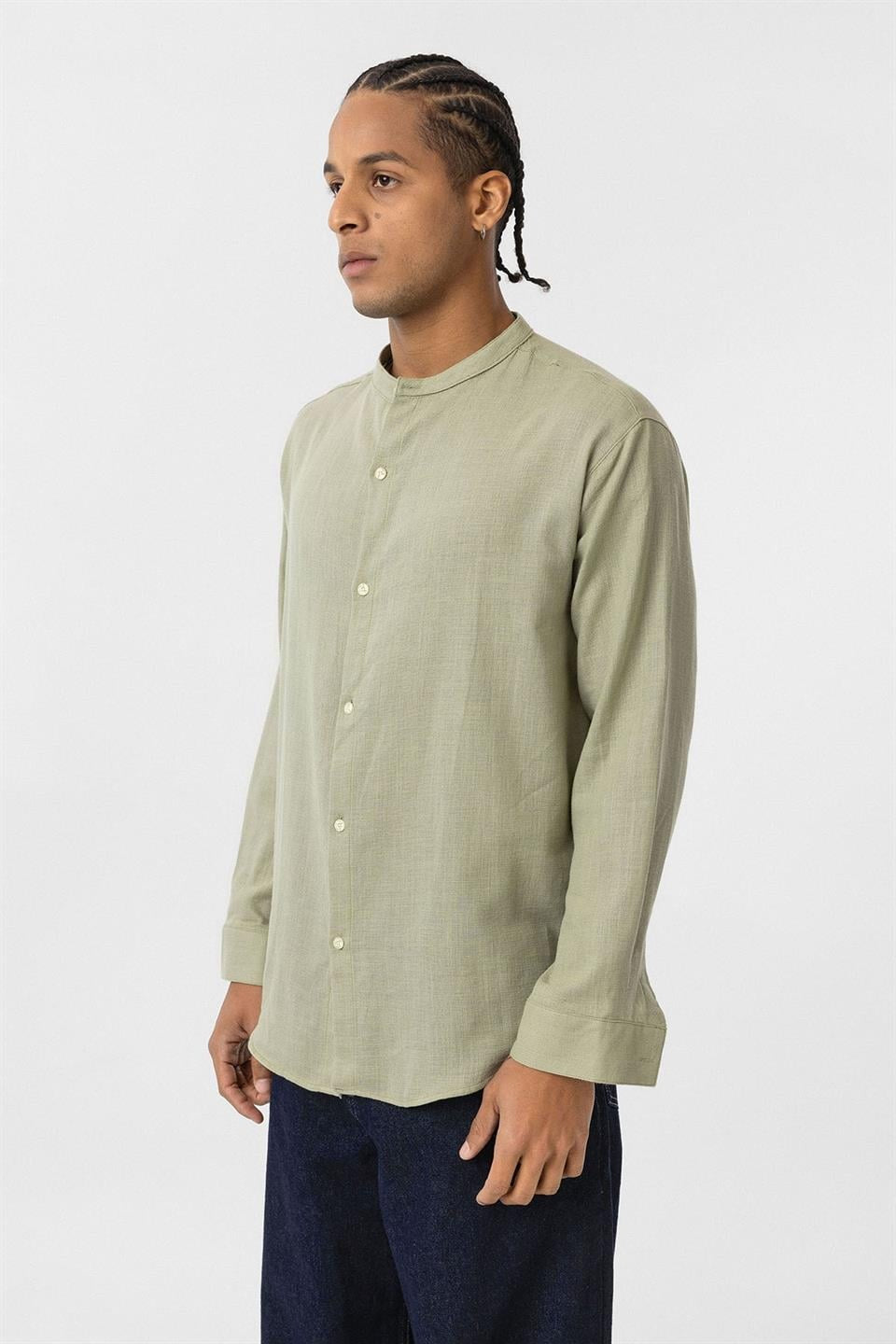 Oversized Long-Sleeved Cotton-Linen Shirt with a Stand-Up Collar