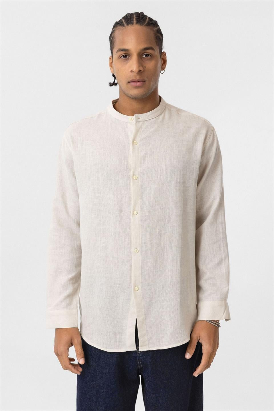 Oversized Long-Sleeved Cotton-Linen Shirt with a Stand-Up Collar