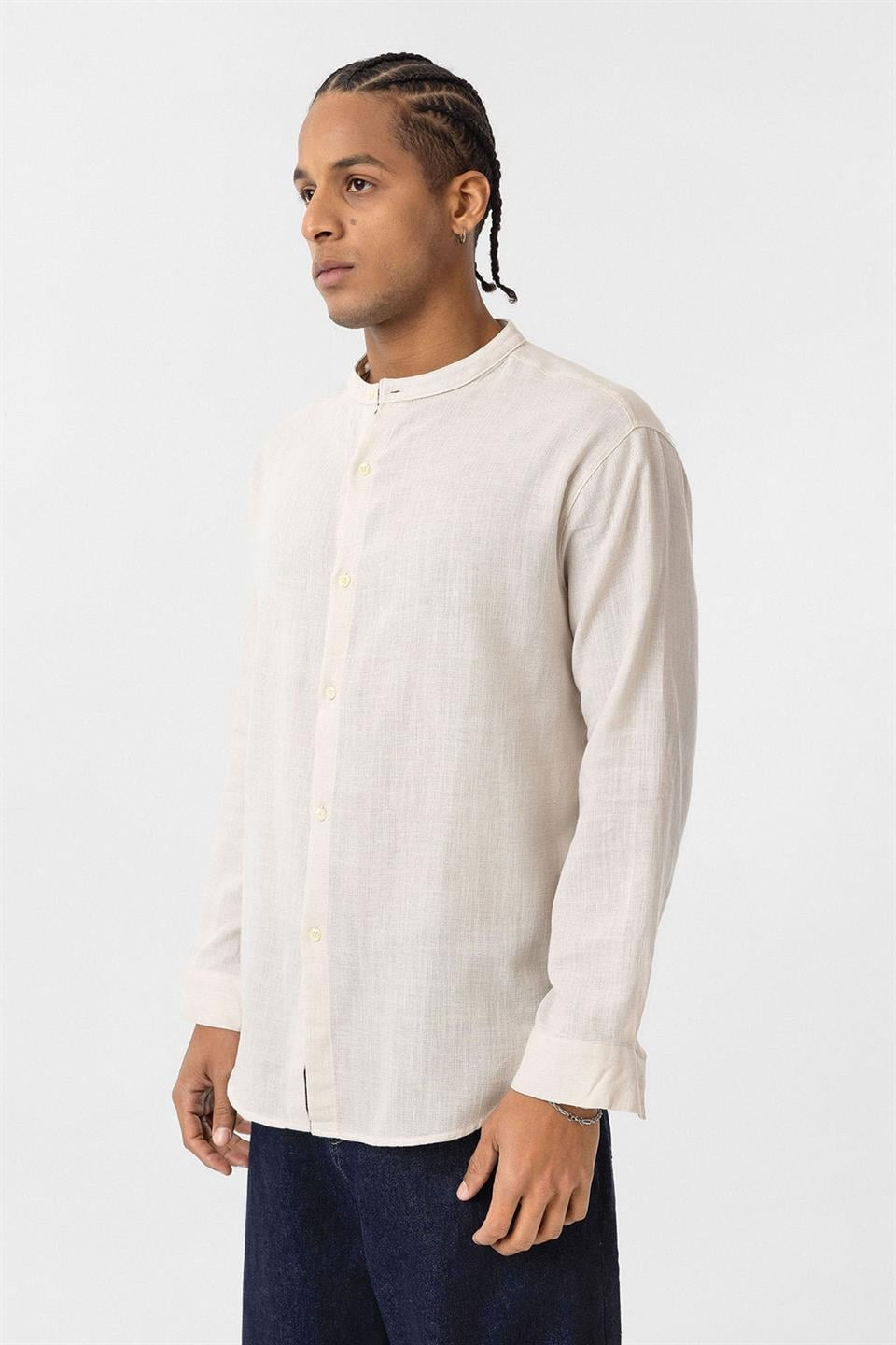 Oversized Long-Sleeved Cotton-Linen Shirt with a Stand-Up Collar