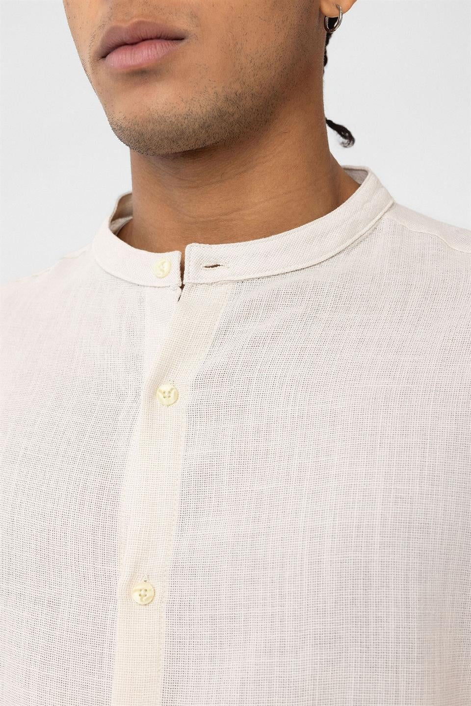 Oversized Long-Sleeved Cotton-Linen Shirt with a Stand-Up Collar