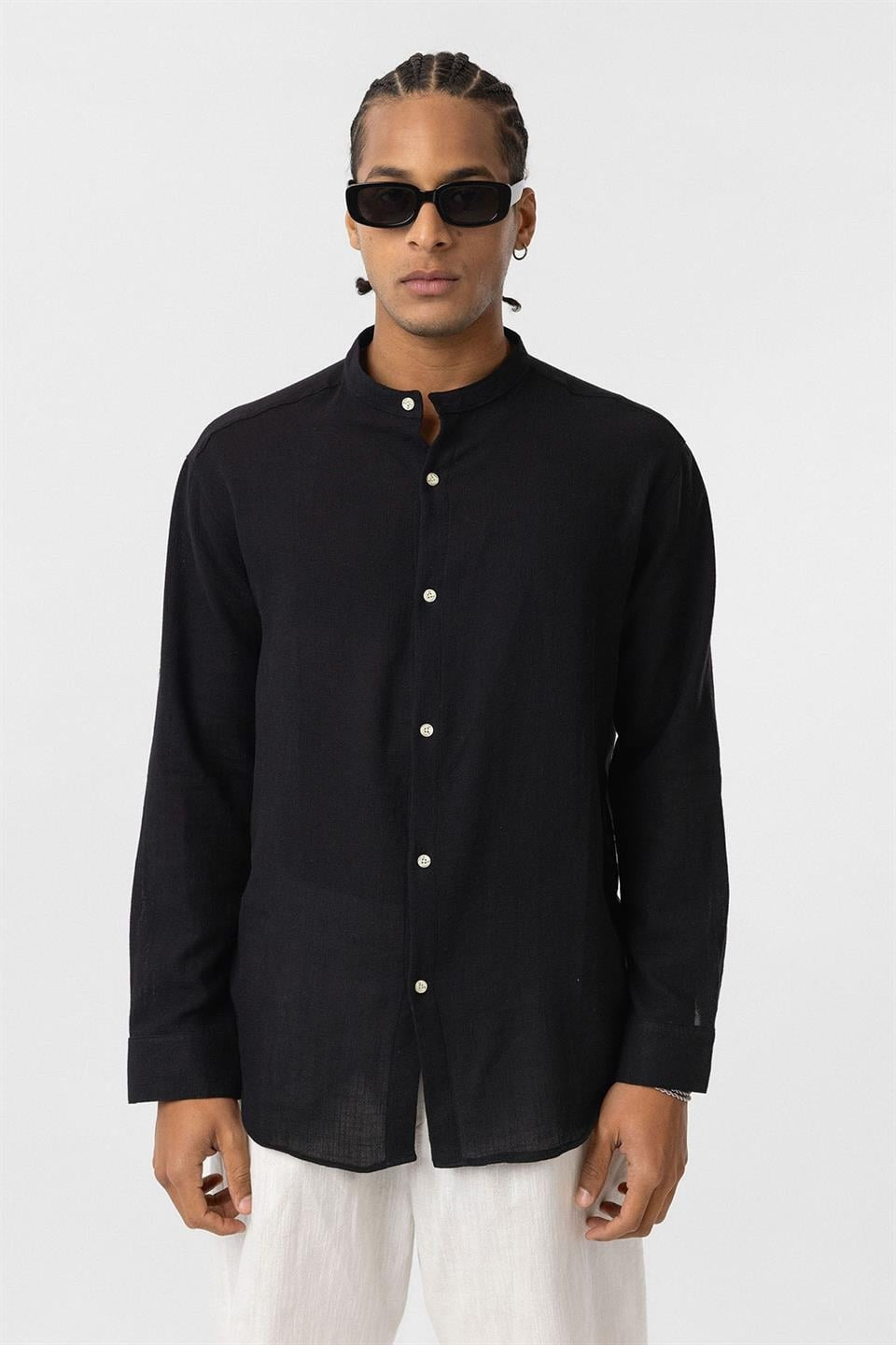 Oversized Long-Sleeved Cotton-Linen Shirt with a Stand-Up Collar