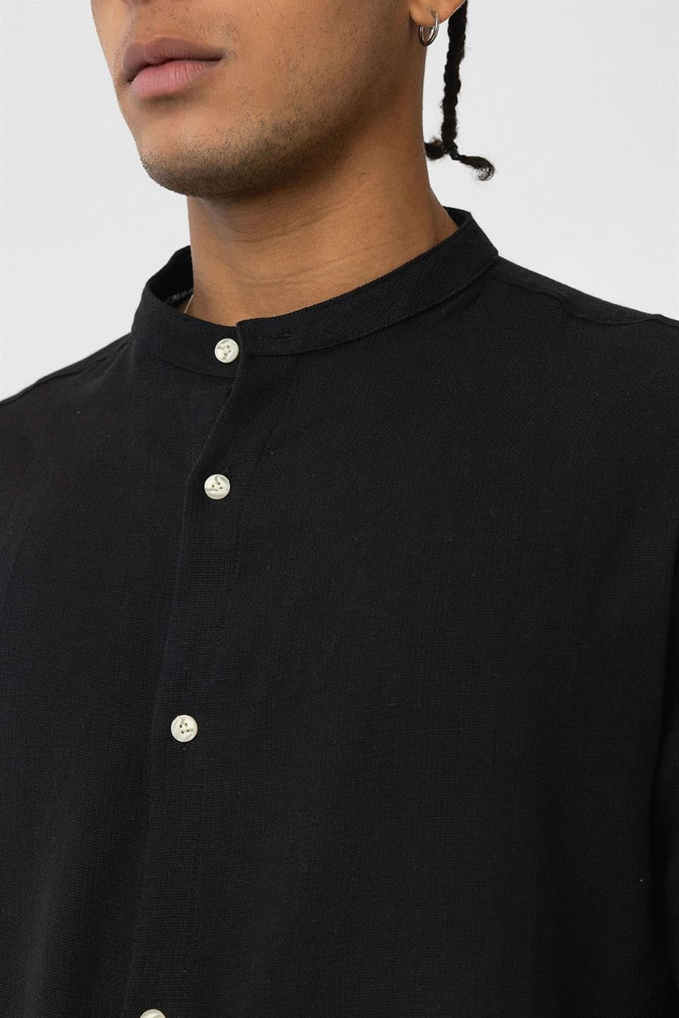 Oversized Long-Sleeved Cotton-Linen Shirt with a Stand-Up Collar