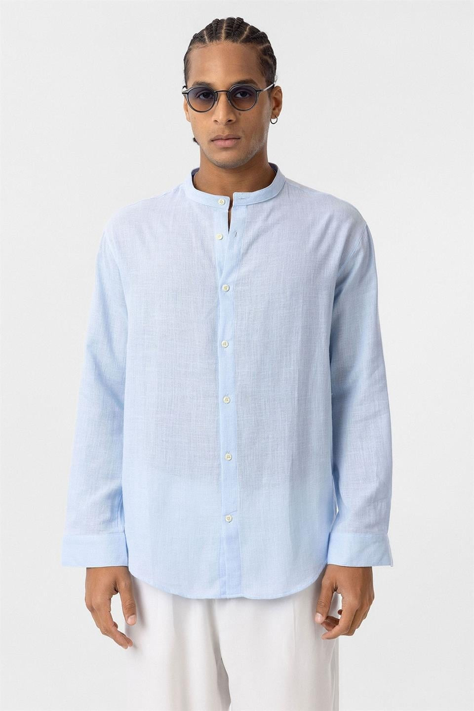 Oversized Long-Sleeved Cotton-Linen Shirt with a Stand-Up Collar