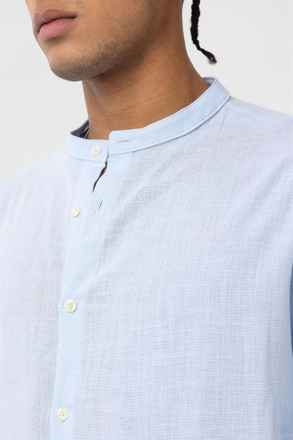 Oversized Long-Sleeved Cotton-Linen Shirt with a Stand-Up Collar