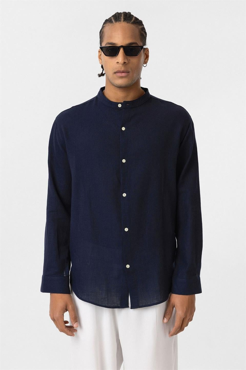 Oversized Long-Sleeved Cotton-Linen Shirt with a Stand-Up Collar
