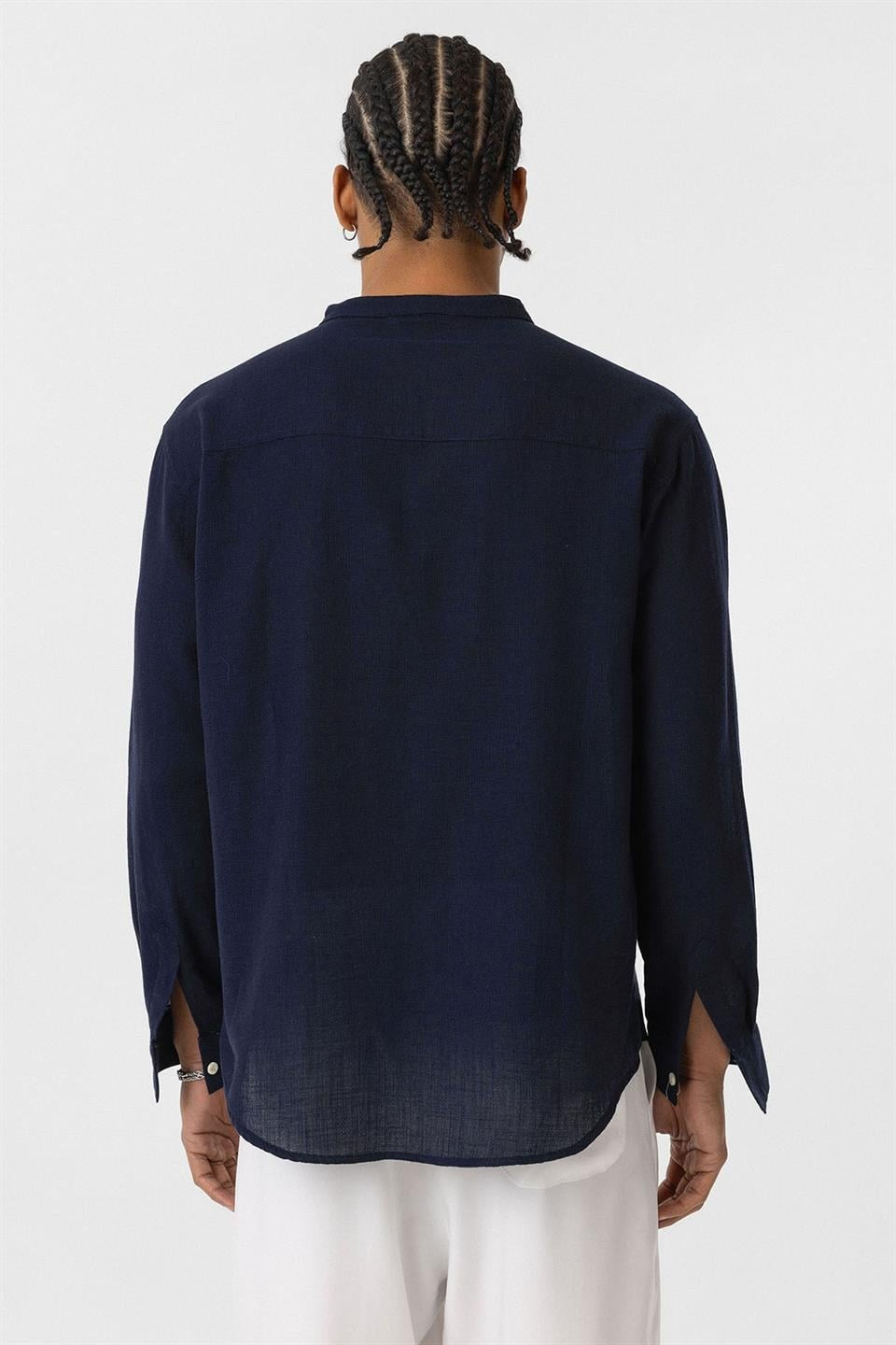 Oversized Long-Sleeved Cotton-Linen Shirt with a Stand-Up Collar