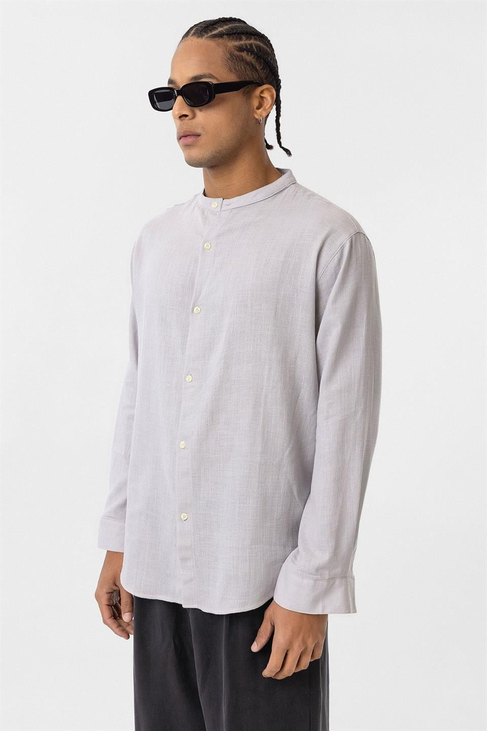 Oversized Long-Sleeved Cotton-Linen Shirt with a Stand-Up Collar