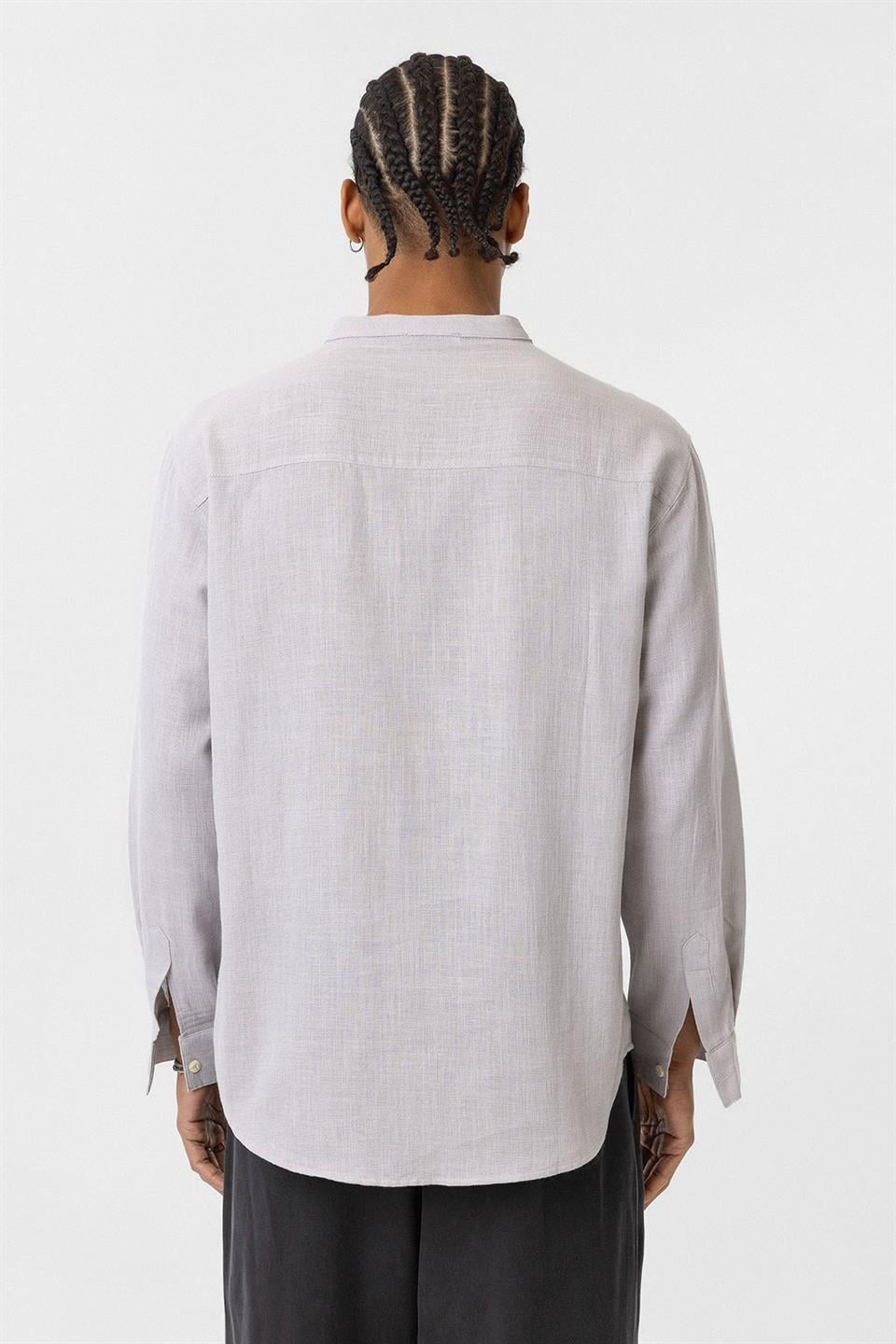 Oversized Long-Sleeved Cotton-Linen Shirt with a Stand-Up Collar